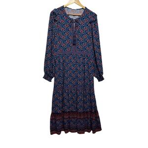 Springfield Womens Maxi Dress M Blue Floral Boho Peasant Tassel Tiered Prairie